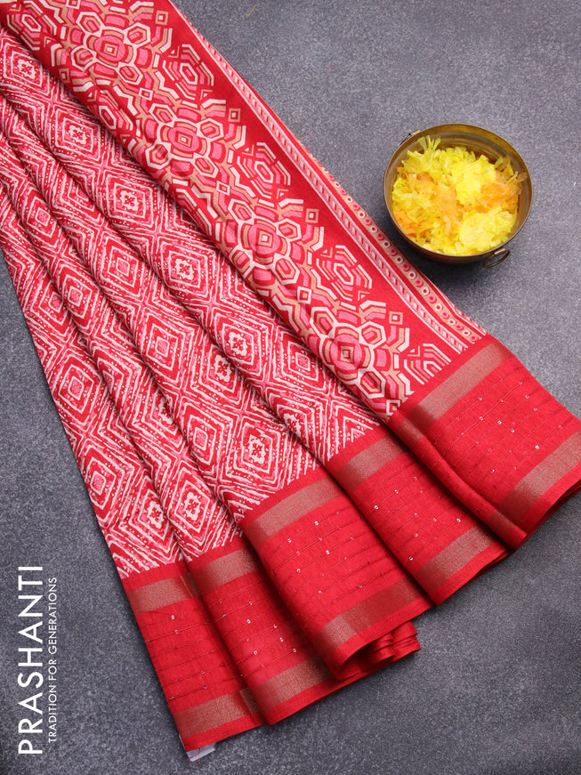 Semi dola saree red with allover geometric prints and zari woven sequin work border