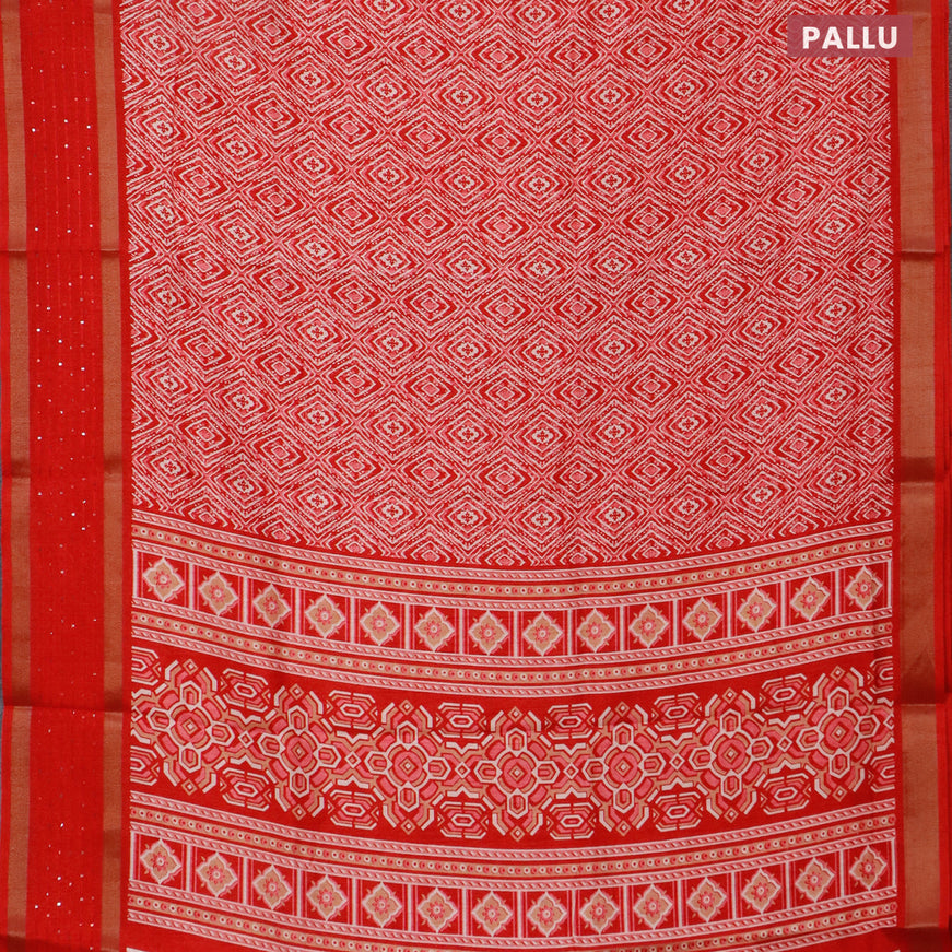 Semi dola saree red with allover geometric prints and zari woven sequin work border