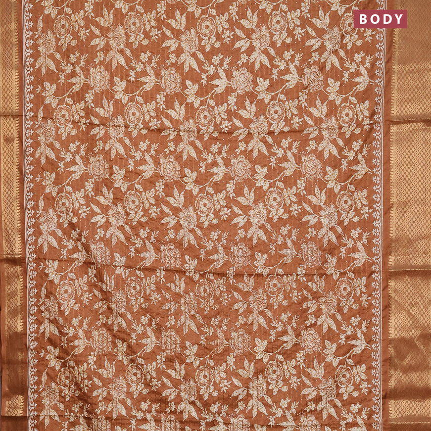 Semi dola saree rust shade with allover floral prints & sequin work and zari woven border