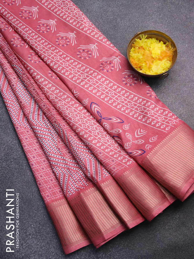 Semi dola saree peach pink with allover geometric prints and zari woven border