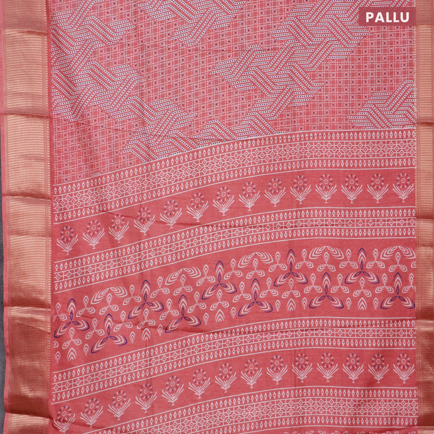 Semi dola saree peach pink with allover geometric prints and zari woven border