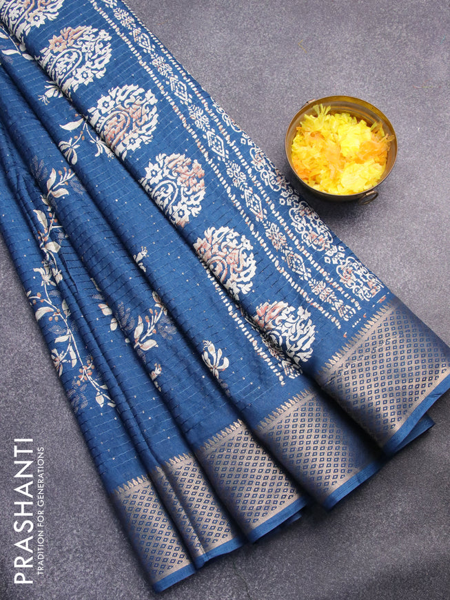 Semi dola saree peacock blue with allover prints & sequin work and zari woven border