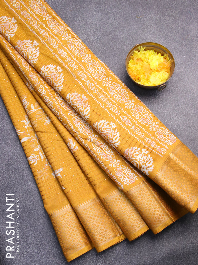 Semi dola saree mustard yellow with allover prints & sequin work and zari woven border