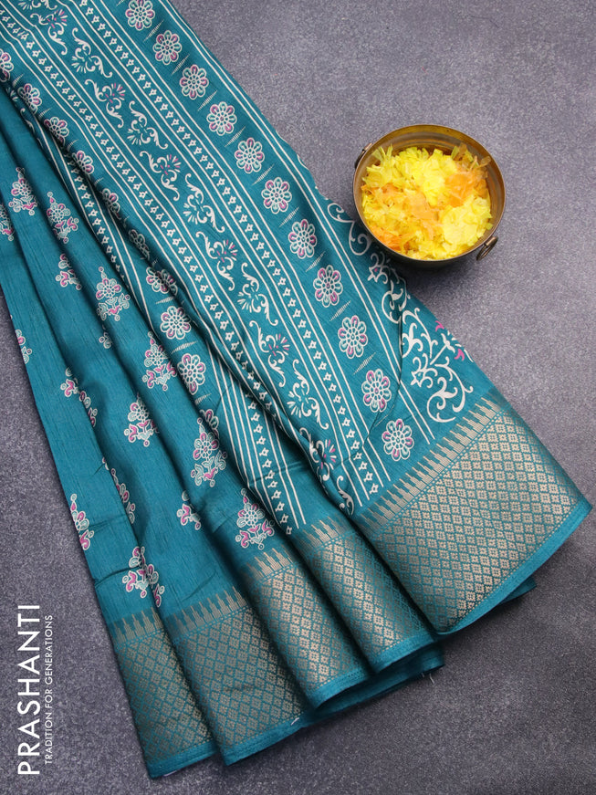 Semi dola saree teal green shade with allover butta prints and zari woven border