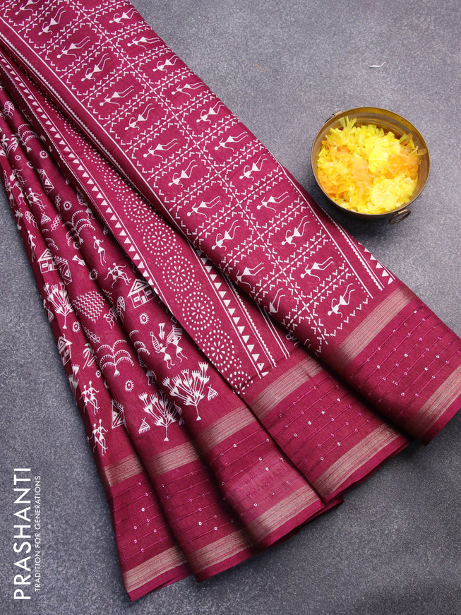 Semi dola saree wine shade with allover warli prints and zari woven sequin work border