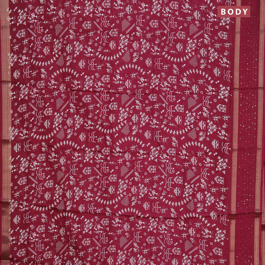Semi dola saree wine shade with allover warli prints and zari woven sequin work border