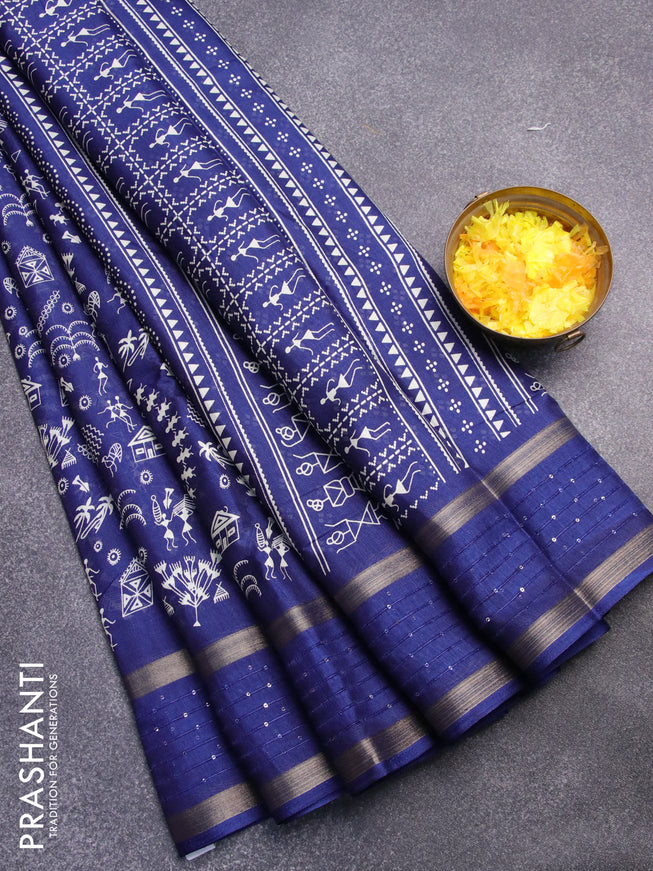 Semi dola saree dark blue with allover warli prints and zari woven sequin work border