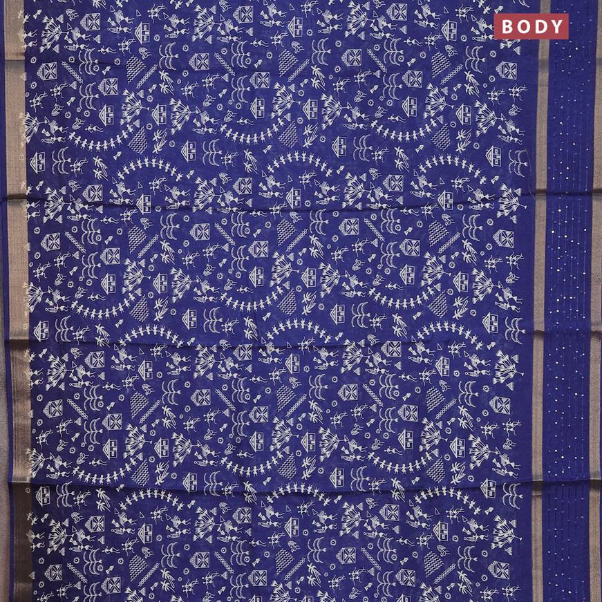 Semi dola saree dark blue with allover warli prints and zari woven sequin work border