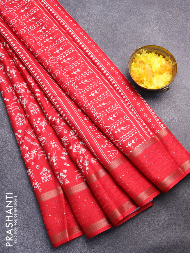Semi dola saree red with allover warli prints and zari woven sequin work border