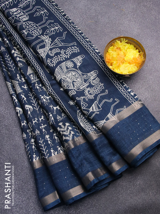 Semi dola saree peacock blue with allover warli prints and zari woven sequin work border