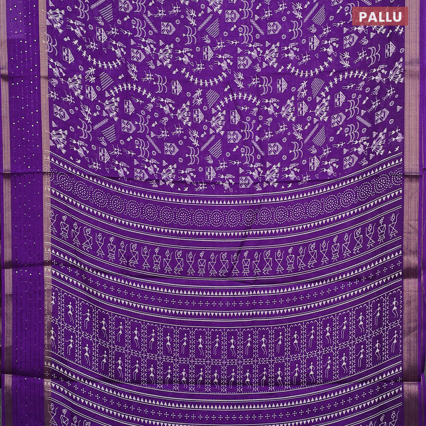 Semi dola saree violet with allover warli prints and zari woven sequin work border