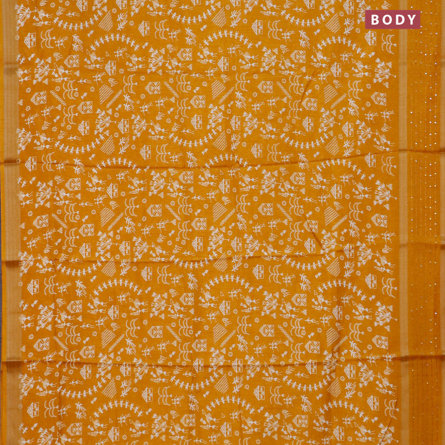 Semi dola saree dark mustard with allover warli prints and zari woven sequin work border