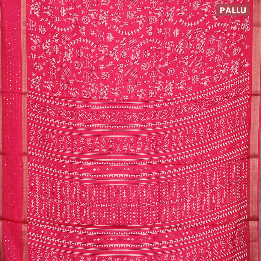 Semi dola saree pink with allover warli prints and zari woven sequin work border