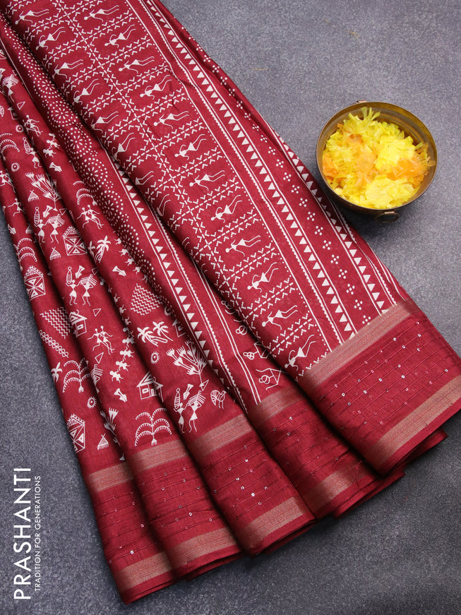 Semi dola saree maroon with allover warli prints and zari woven sequin work border