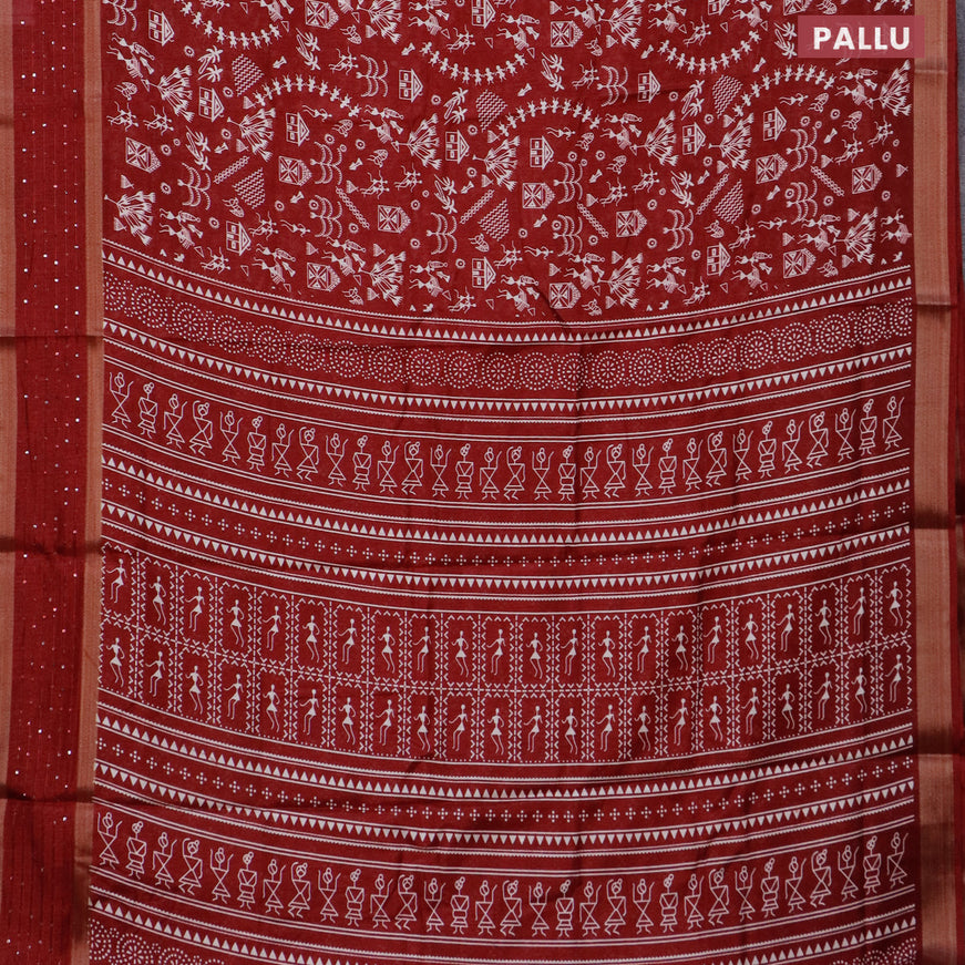 Semi dola saree maroon with allover warli prints and zari woven sequin work border