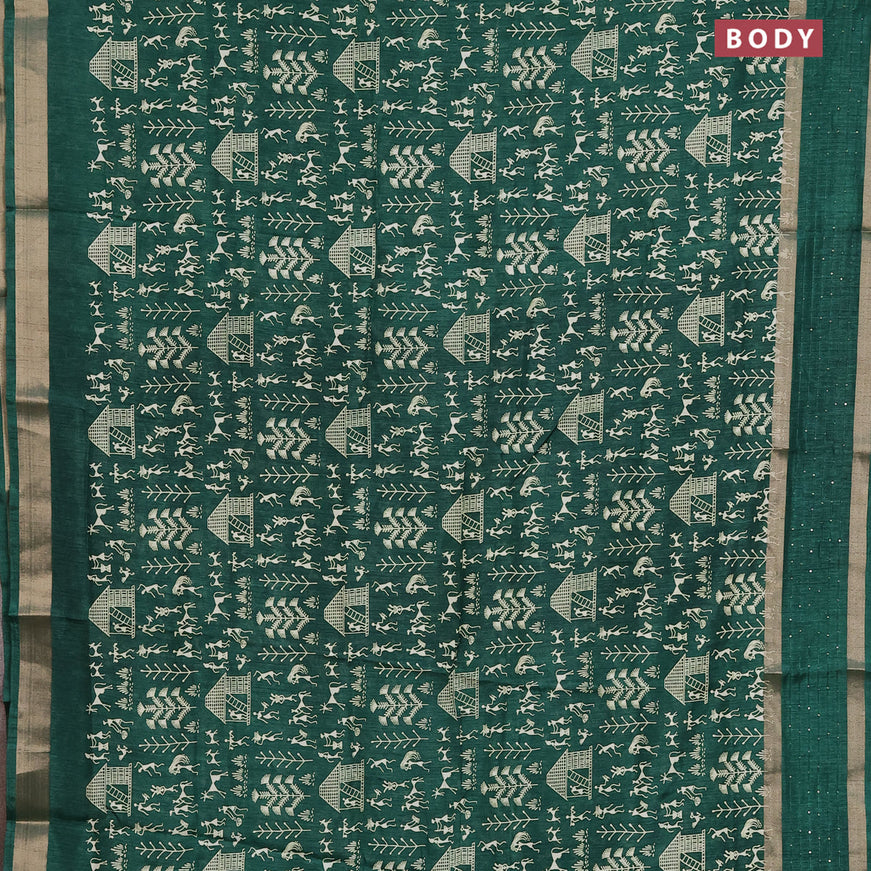 Semi dola saree dark green with allover warli prints and zari woven sequin work border