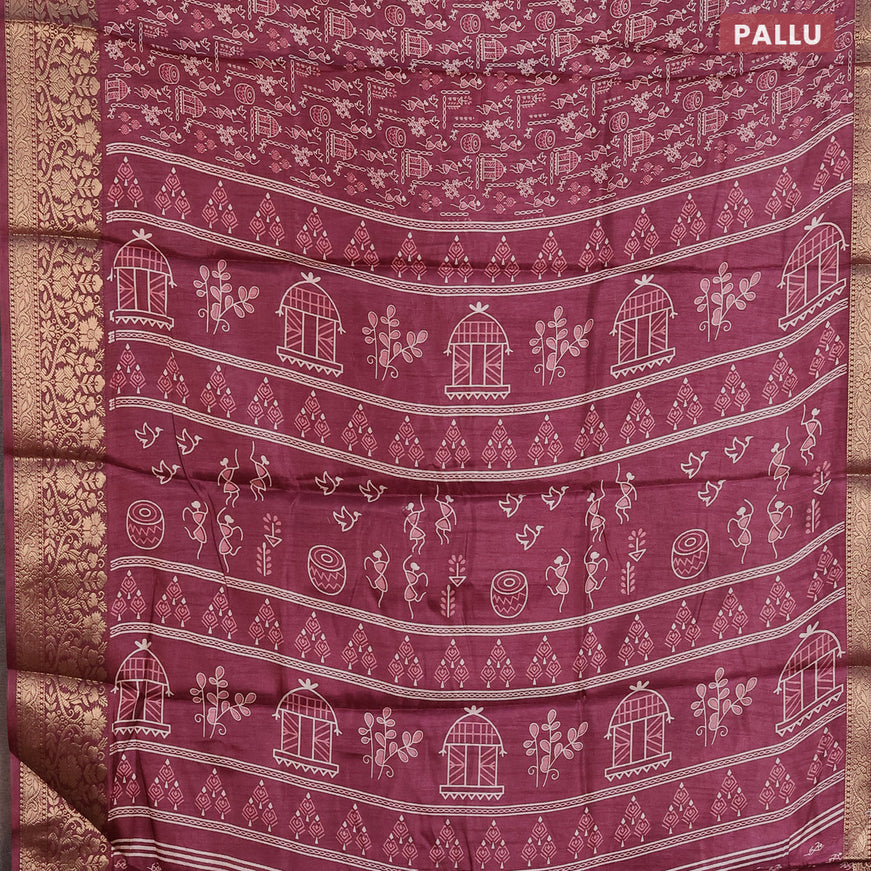 Semi dola saree wine shade with allover warli prints and zari woven border