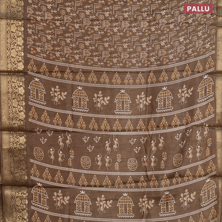 Semi dola saree greyish brown with allover warli prints and zari woven border