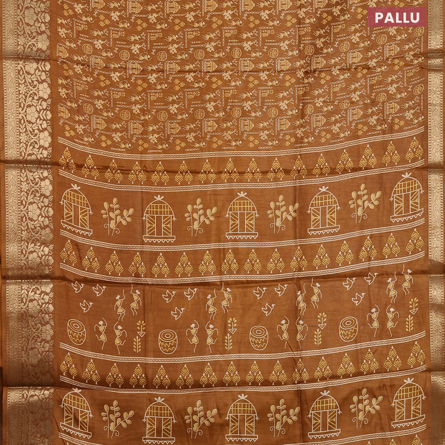 Semi dola saree brown shade with allover warli prints and zari woven border