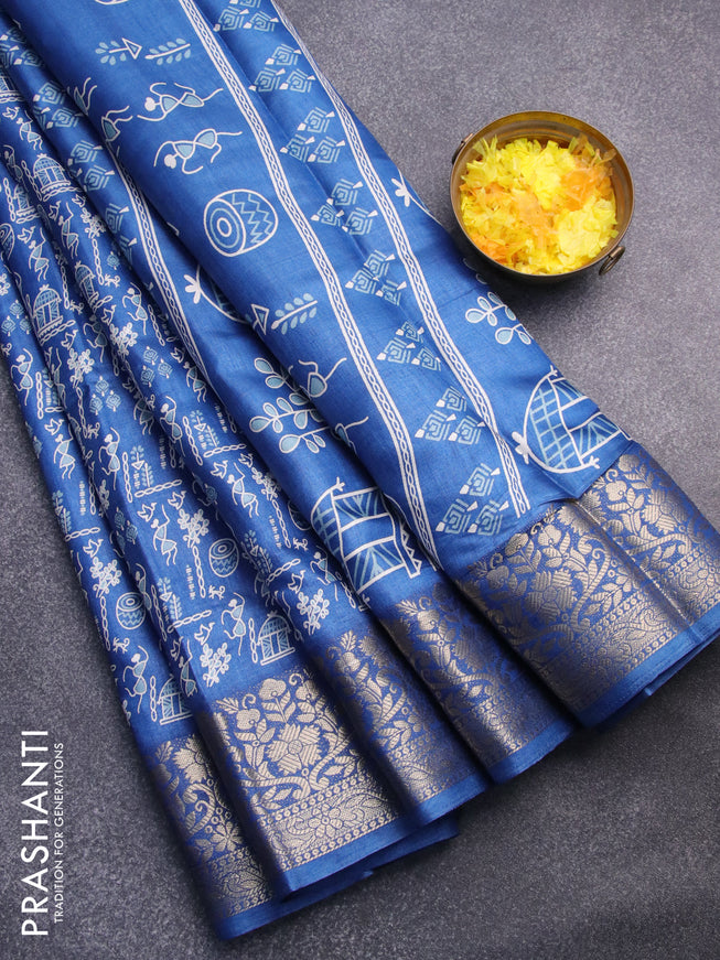 Semi dola saree blue with allover warli prints and zari woven border