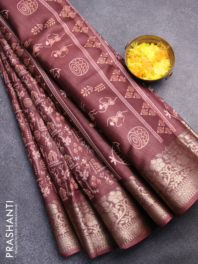 Semi dola saree rosy brown with allover warli prints and zari woven border