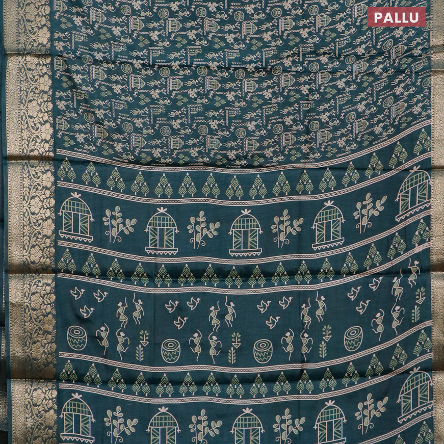 Semi dola saree dark peacock green with allover warli prints and zari woven border