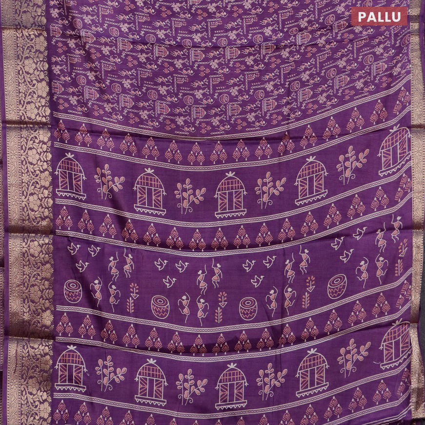 Semi dola saree violet with allover warli prints and zari woven border