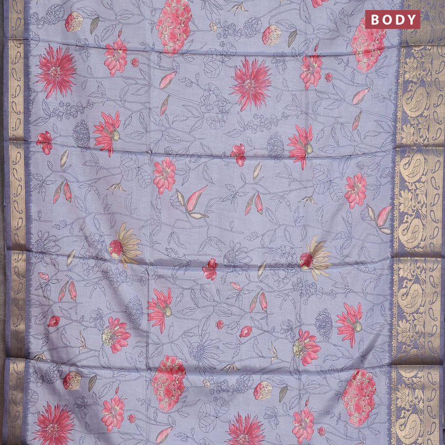 Semi dola saree grey and dark grey with allover floral prints and zari woven border