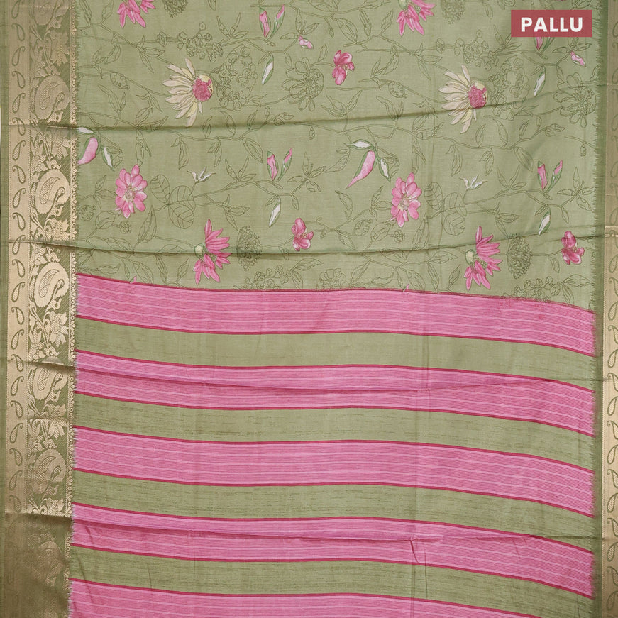 Semi dola saree pastel green with allover floral prints and zari woven border