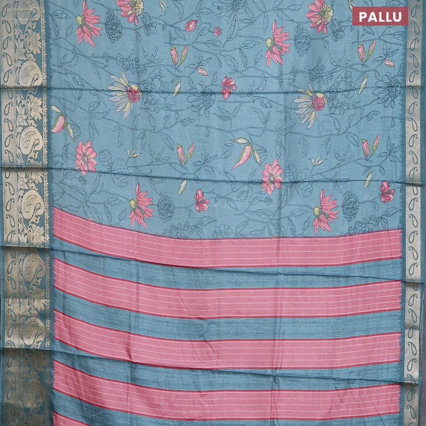 Semi dola saree pastel blue with allover floral prints and zari woven border
