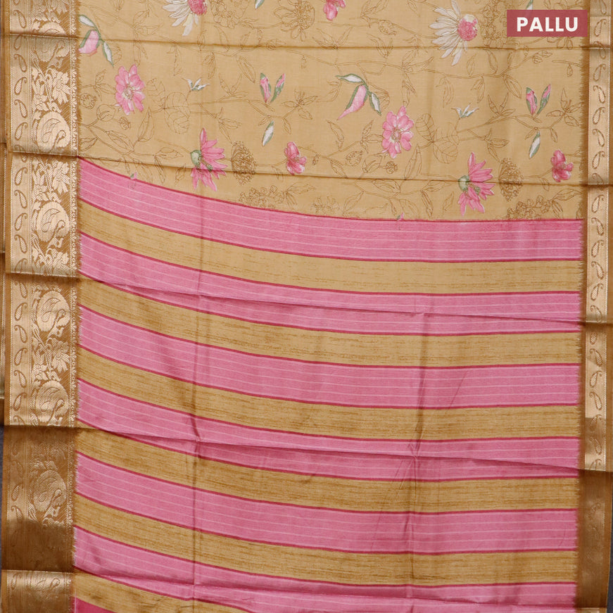 Semi dola saree sandal and dark sandal with allover floral prints and zari woven border