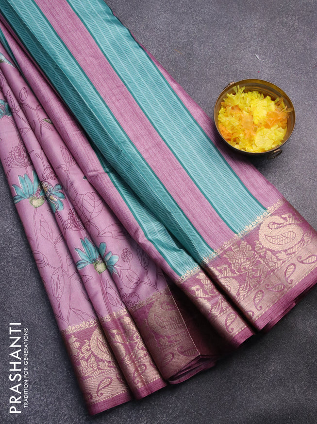 Semi dola saree mauve pink with allover floral prints and zari woven border