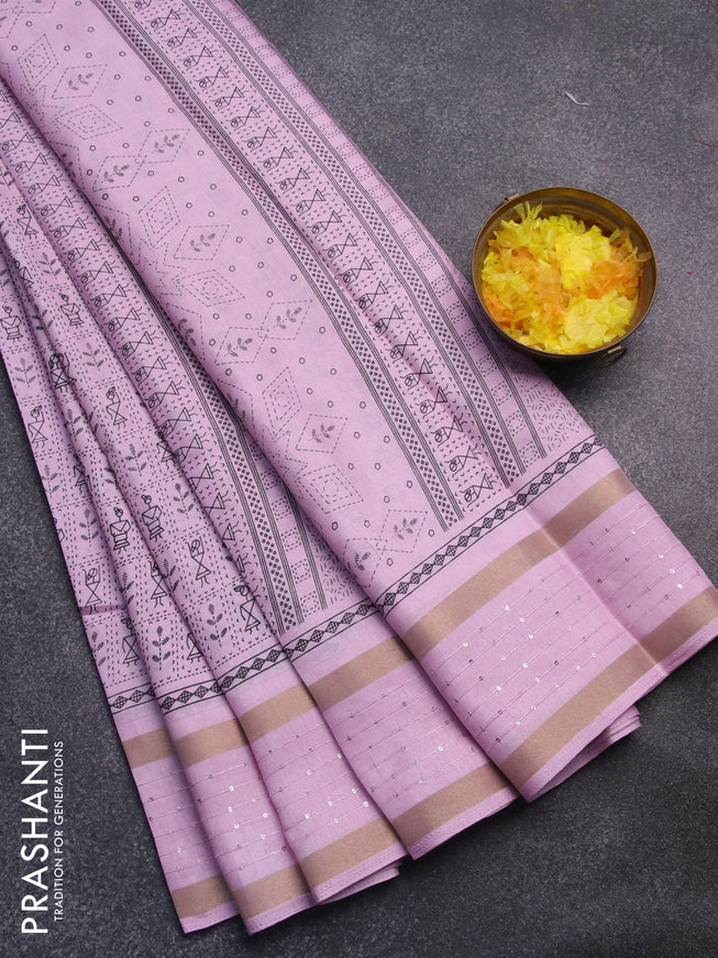 Semi dola saree light pink with allover warli prints and zari woven sequin work border