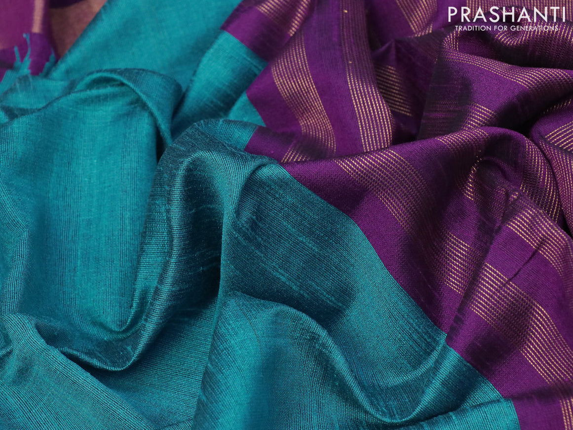 Dupion silk saree blue and purple with plain body and temple woven border