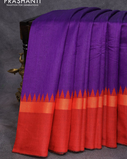 Dupion silk saree violet and maroon with plain body and temple design zari woven simple border