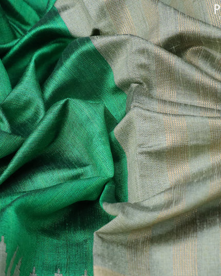 Dupion silk saree green and green shade with plain body and temple design zari woven simple border