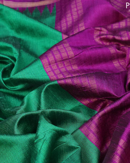Dupion silk saree green and purple with plain body and temple design zari woven border