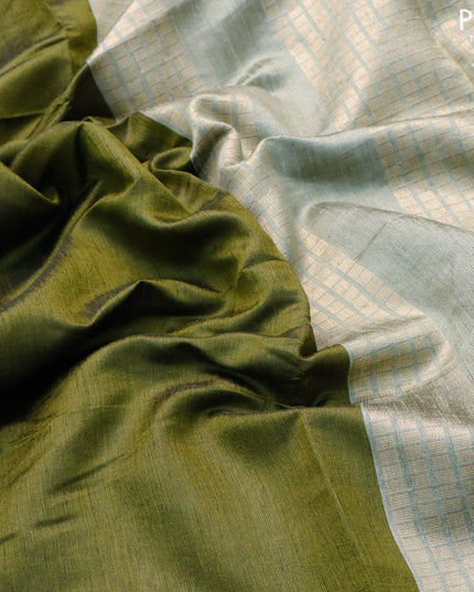 Dupion silk saree sap green and grey shade with plain body and temple design zari woven border