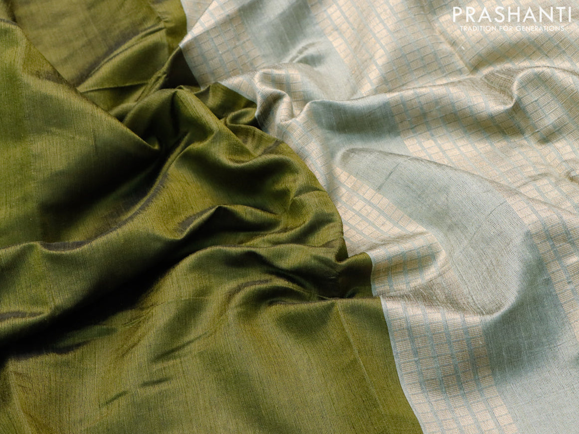 Dupion silk saree sap green and grey shade with plain body and temple design zari woven border