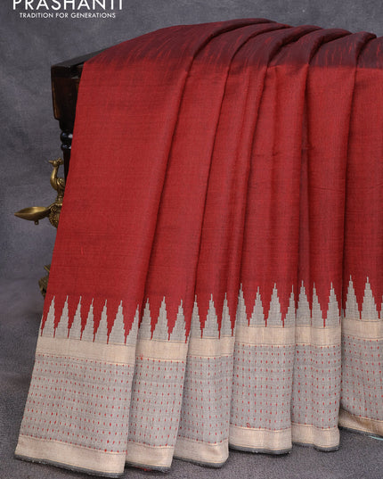 Dupion silk saree maroon and grey shade with plain body and temple design zari woven border