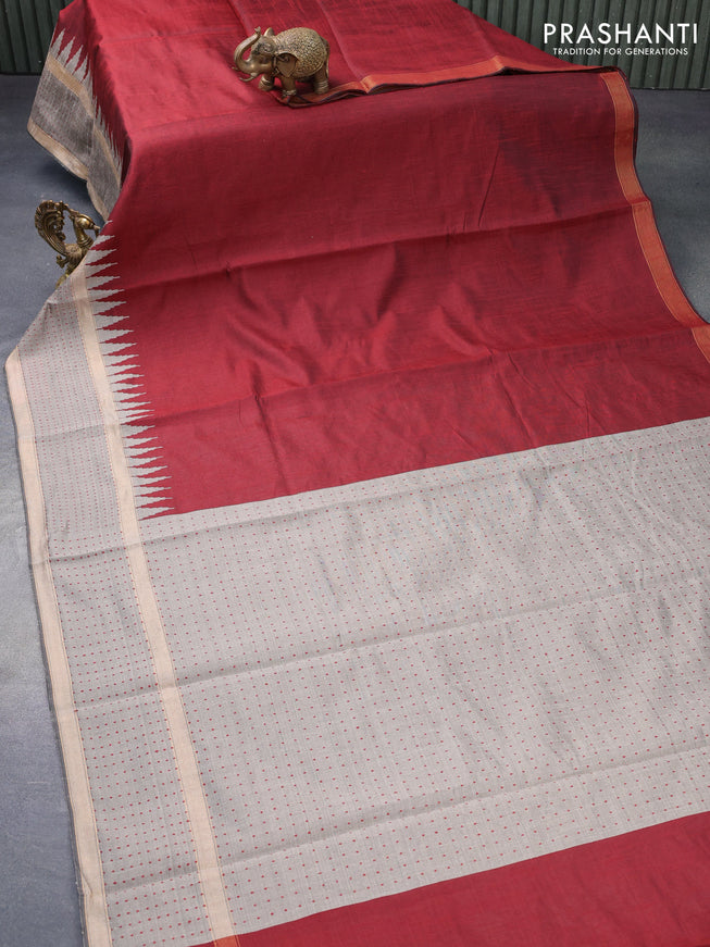 Dupion silk saree maroon and grey shade with plain body and temple design zari woven border