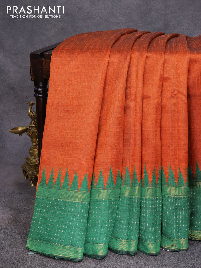 Dupion silk saree orange and green with plain body and temple design rettapet zari woven border
