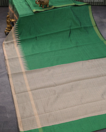 Dupion silk saree green and grey shade with plain body and temple design zari woven border