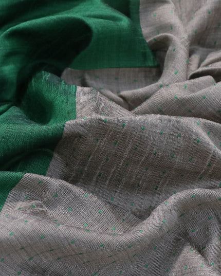 Dupion silk saree green and grey shade with plain body and temple design zari woven border