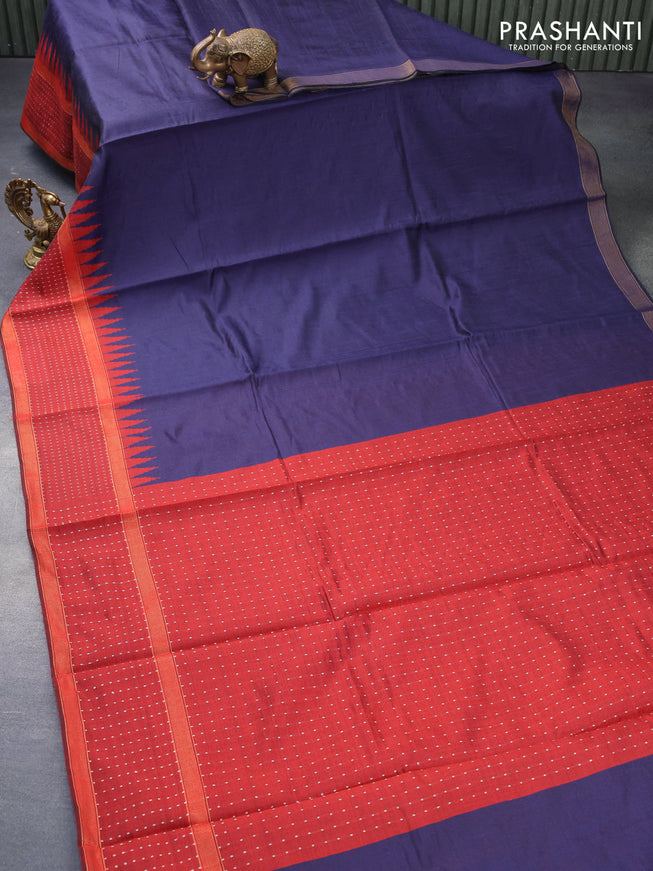 Dupion silk saree navy blue and maroon with plain body and temple design rettapet zari woven border