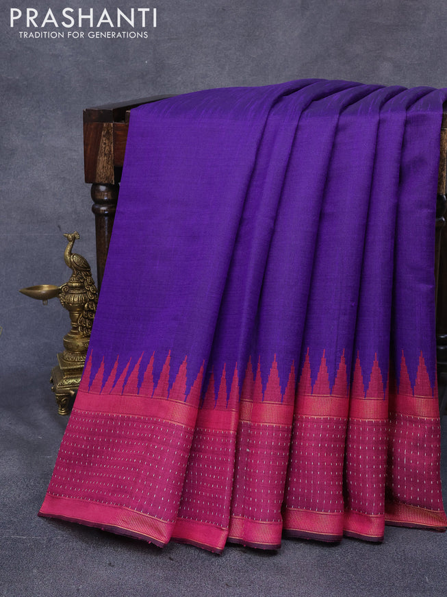 Dupion silk saree violet and magenta pink with plain body and temple design rettapet zari woven border