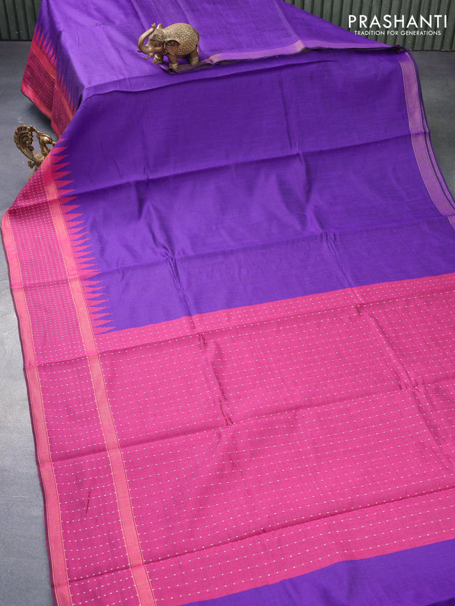Dupion silk saree violet and magenta pink with plain body and temple design rettapet zari woven border