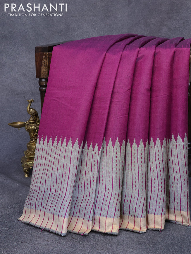 Dupion silk saree purple and grey shade with plain body and temple design thread woven border