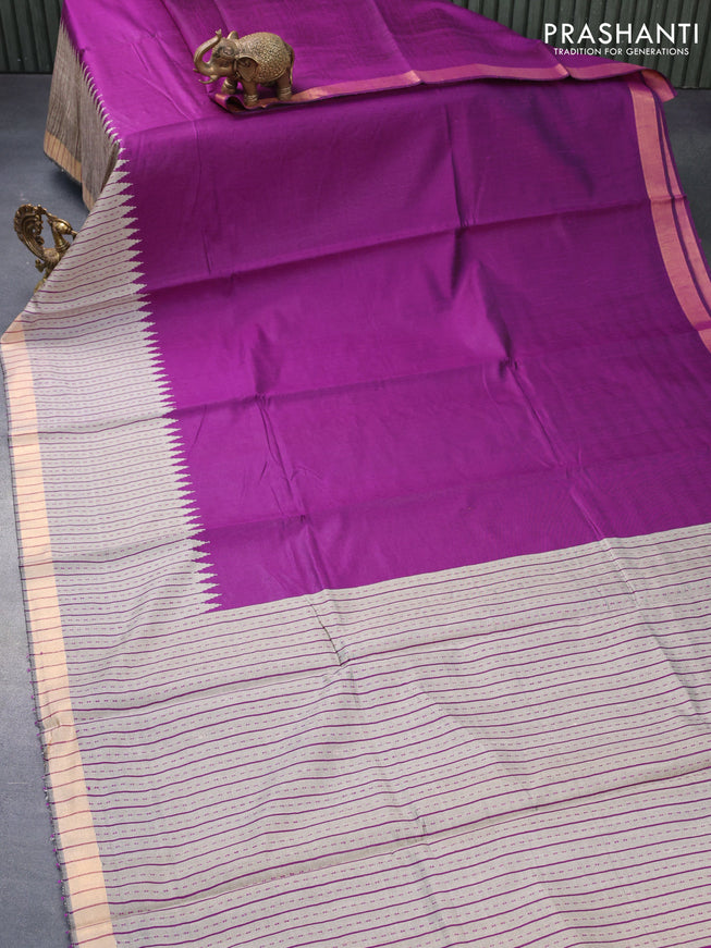 Dupion silk saree purple and grey shade with plain body and temple design thread woven border