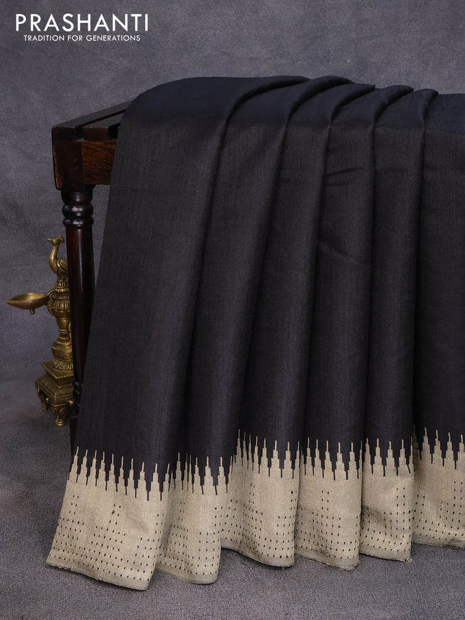 Dupion silk saree black and beige with plain body and temple design thread woven border